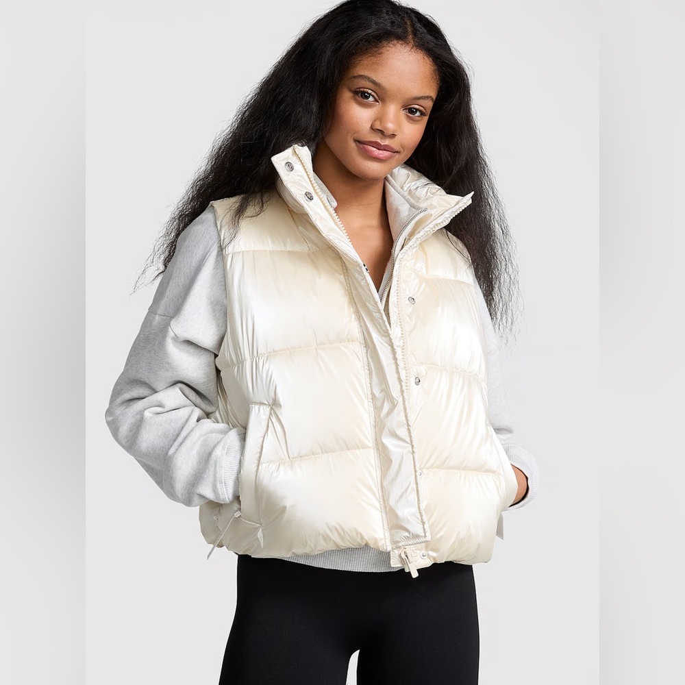 Victoria’s Secret PINK High Shine Marshmallow Puffer Vest White Shell Bling